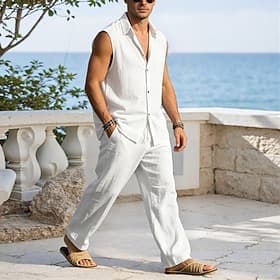 Herren Zweiteilig Hemd Set Sommer-Set Und Hosen Hose Set Einfach Lässig Täglich Urlaub Umlegekragen Ärmellos Sommer Frühling Mode Lässig Bequem Bekleidung