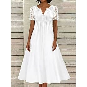 Dames Halflange jurk Kanten jurk Witte jurk Zomerjurk Elegant Modieus Dagelijks Strand Vakantie Normale pasvorm Effen Korte mouw Strakke ronde hals Wit Zomer L