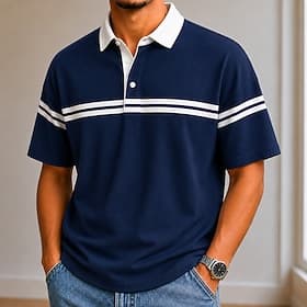 Men's Stripes Geometic Polo Shirts Short Sleeve Polo Shirts Collared Shirts Casual School Athleisure Wear to work Holiday 3D Print Buttons Breathable Mesh Spri