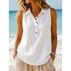Damen Weste aus Baumwollleinen Textur Knöpfe Vintage Ärmellos Revers Normale Oberteile Weiß Gelb Grün Sommer Frühling