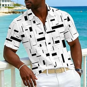 Men's Geometric Abstract Art Shirt Button Up Shirt Short Sleeve Fashion Casual Daily Beach Vacation Wear Summer Spring Turndown 3D Print Linen Like Shirt Blue
