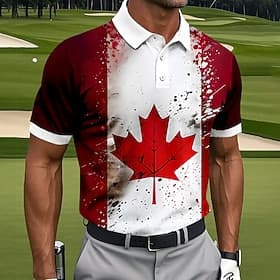 Men's Leaf Golf Sports Polo Shirts Short Sleeve Polo Shirts Lapel Casual Athleisure Daily Wear 3D Print Buttons Spring  Summer Red