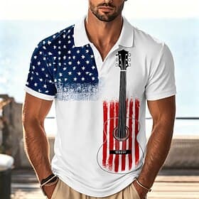 4th of July 2026 250th Men's American US Flag Guitar Polo Shirts Short Sleeve Polo Shirts Collared Shirts Casual Athleisure Festival Wear 3D Print Buttons Brea
