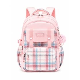 Girls Plaid Backpack for School, Large Capacity Multi Pocket Polyester Bookbag, Cute Pink Travel School Backpack with Laptop Compartment, Water Resistant for E