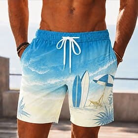 Men's Coconut Tree Ocean Waves Swim Trunks Bathing Suits Swim Shorts Board Shorts Mid Waist Hawaiian Daily Beach Vacation Wear Side Pockets Mesh Lining Elastic