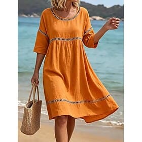 Women's Knee Length Dress Cotton Linen Dress Summer Dress Basic Classic Daily Vacation Loose Fit Plain Half Sleeve Crew Neck White Orange Summer Spring