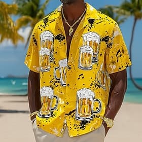 Homme Bière Notes de Musique Chemise Chemise à col cubain Chemise Boutonnée Manche Courte Vintage Rétro Festival de Musique Vacances à la Plage Été Printemps C