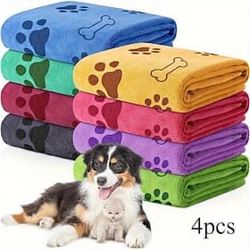 Quick-drying Pet Towels 4-pack, random colors, quick-drying, soft, absorbent polyester pet towels - bathing supplies for medium-sized dogs, paw print design.