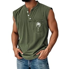Voor heren Overhemd van 100% katoen met zure wassing Mouwloos shirt Mouwloos Henley Zomer Effen Kleur Kokosnoot Casual Kledingstuk geverfd Bleek Vintage wassin thumbnail 3