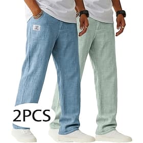Men's Linen Pants Trousers Summer Pants Baggy Pants Drawstring Elastic Waist Straight Leg Plain Lightweight Breathable Full Length Casual Daily Outdoor Vacatio thumbnail 2
