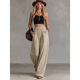 Women's Wide Leg Dress Pants Straight Fashion Basic Full Length High Waist Plain Pocket Elastic Waist Comfort Comfortable Breathable Inelastic Daily Office Vac