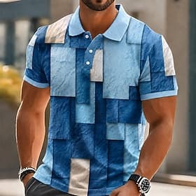 Men's Color Block Geometic Polo Shirts Short Sleeve Polo Shirts Collared Shirts Casual Athleisure 3D Print Buttons Breathable Mesh Summer Spring Blue Purple Gr