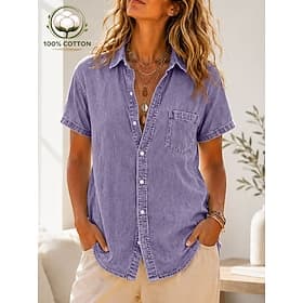 Women's Blouse Solid Color Daily Stylish Basic Short Sleeve Shirt Collar Regular Tops Casual Daily Purple Summer Spring
