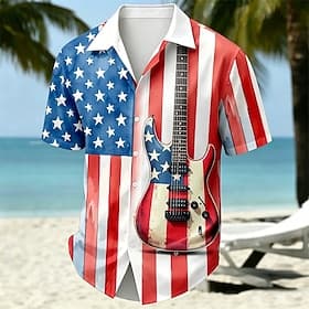4 juli 2026 250e Voor heren Gitaar Amerikaanse vlag Overhemd Zomer overhemd Overhemd met knopen Korte mouw Vaderlandslievend Buiten Festival Zomer Lente Strijk thumbnail 2