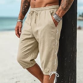 Men's Capri shorts Linen Shorts Summer Shorts Beach Shorts Baggy Shorts Drawstring Pocket Elastic Waist Plain Comfort Breathable Calf-Length Casual Outdoor Vac