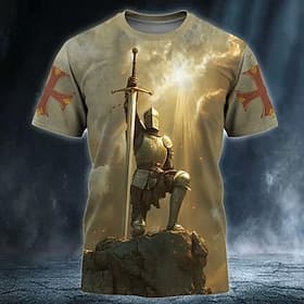 Men's Knights Templar Crusaders Cross T Shirt Short Sleeve T shirt 3D Print Crew Neck Shirt Religious Street Dark Party Yellow Khaki All Seasons Clothing Appar