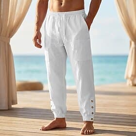 Men's Joggers Linen Pants Trousers Summer Pants Beach Pants Drawstring Pocket Elastic Waist Plain Comfort Comfortable Daily Outdoor Beach Vacation Fashion Blac