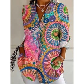 Women's Shirt Buttons Print Graphic Geometric Elegant Vintage Daily Long Sleeve Shirt Collar Regular Tops Casual Daily Work Pink Summer Spring Fall