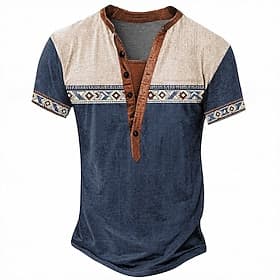 Men's Geometric American US Flag Ethnic T Shirt Henley Shirt Tee Short Sleeve Designer Basic Bohemian Casual Daily Outdoor Summer Spring Lake Blue Light Green
