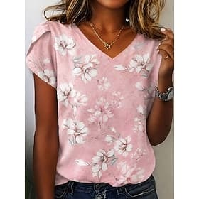 Women's Shirt Print Floral Graphic Vintage Daily Stylish Short Sleeve V Neck Regular Tops Casual Daily Yellow Pink Summer Spring