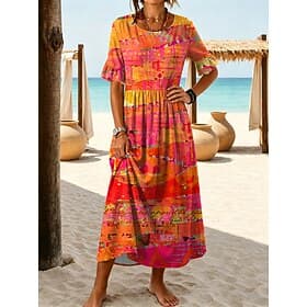 Women's Midi Dress Casual Dress A Line Dress Elegant Vacation Stylish Beach Holiday Regular Fit Graphic Geometric Half Sleeve Crew Neck Blue Purple Orange Gree