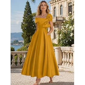 Ligne A Longueur cheville Robes de Cocktail Robes de soirée Élégant Soyeux Manche Courte Une Épaule Mariage Formel Robe Rose Satin avec Noeud(s)