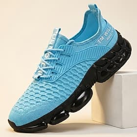 Men's Blue Knit Running Sneakers, Breathable Lace-Up Athletic Shoes, Chunky Cushion Sole Sport Shoes for Gym, Training, Outdoor Walking