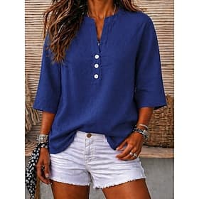 Femmes T-shirt Chemise Henley Chemisier Élégant Bases quotidiennes Mode Demi Manches Col en V Hauts courts Occasionnel Quotidien Plage Kaki Noir Rose Claire Bl