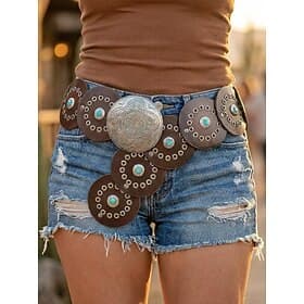 Women's Boho Disc Belt, Faux Leather Western Waist Belt with Turquoise Studs, Vintage Round Concho Belt for Dresses, Festival, Resort Vacation, Cowgirl, Casual