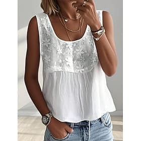 Women's Lace Splicing Top Elegant Bohemia Vacation Sleeveless Crew Neck Regular Tops Casual White Summer Spring