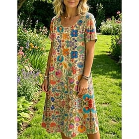 Women's Knee Length Dress T Shirt Dress Tee Dress Summer Dress Casual Regular Fit Floral Graphic Short Sleeve Crew Neck Yellow Orange Summer Spring