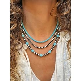 Women's Turquoise Beaded Layered Necklace – Southwestern Boho Style Jewelry for Casual Outfits, Beach Parties and Summer Festivals