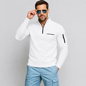 Men's Waffle Polo Shirts Textured Casual Sports Outdoor Quarter Zip Long Sleeve Fashion Comfortable Solid Color Zip Up Pocket Spring Fall Cross-Seasons Whit