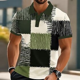 Men's Color Block Geometic Polo Shirts Short Sleeve Polo Shirts Collared Shirts Casual Athleisure 3D Print Buttons Summer Spring Blue Red Purple
