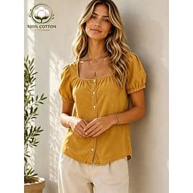 Women's 100% Cotton Blouse Solid Color Daily Stylish Basic Short Sleeve Square Neck Regular Tops Casual Daily Yellow Summer Spring