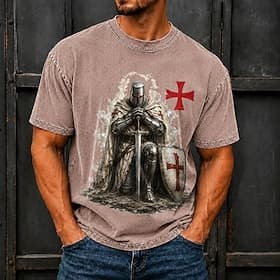 Men's Knights Templar Crusaders Acid Wash Shirt Heavyweight T-shirt Short Sleeve T shirt DTG Crew Neck Shirt Fashion Daily Retro Vintage Street Holiday Black G