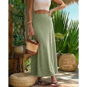 Women's Vacation Skirt Fashion Casual Maxi High Waist Skirts Plain Knitting Stretchy Green Summer
