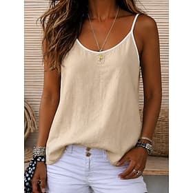 Women's Cotton Linen Vest Embroidered Solid Color Plain Vintage Sleeveless Scoop Neck Crop Tops Coffee brown Hemp natural color Navy Blue Apricot Summer Spring