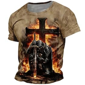 Men's Knights Templar Crusaders Cross T Shirt Short Sleeve T shirt 3D Print Crew Neck Shirt Religious Street Dark Party Khaki All Seasons Clothing Apparel S M