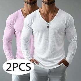 Herren 2-teiliges T-Shirt-Set aus Leinen, langärmlig, V-Ausschnitt, Frühling Sommerliches, einfarbiges T-Shirt für Herren in den Farben Blau, Schwarz und Blau