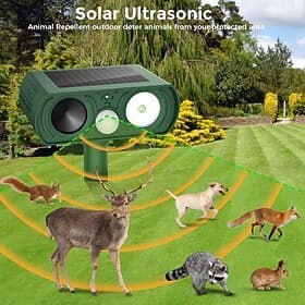 Solar Powered Ultrasonic Animal Repeller Outdoor, Motion Activated Deterrent for Deer, Squirrel, Rabbit, Cat, Dog, Raccoon, Fox, Waterproof Repellent with LED