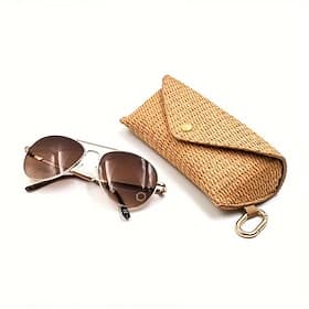 Fashion Woven Straw Eyeglass Case With Hook, Soft Protective Sunglasses Pouch For Women, Durable Woven PU leather Glasses Holder Bag For Reading Glasses And Su