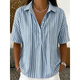 Women's Shirt Graphic Geometric Striped Vintage Stylish Short Sleeve Turndown V Neck Regular Tops Casual Daily Holiday Blue Light Green Pink Summer Spring