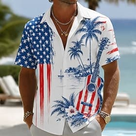 4th of July 2026 250th Men's Guitar American Flag Coconut Palm Shirt Summer Shirt Button Up Shirt Short Sleeve Patriotic Daily Streetwear Summer Spring Turndow
