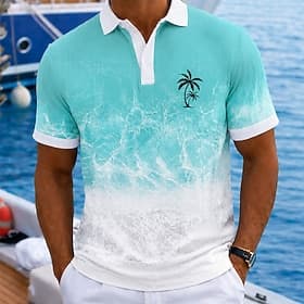 Men's Ocean Palm Tree Hawaiian Polo Shirts Short Sleeve Polo Shirts Collared Shirts Casual Resort Athleisure Vacation Wear 3D Print Buttons Breathable Mesh Spr