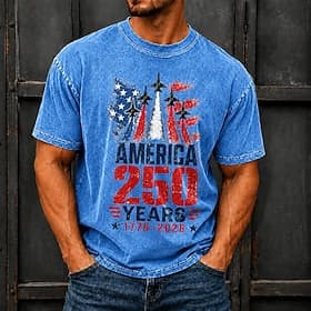 4th of July 2026 250th Men's American Flag Acid Wash Shirt Heavyweight T-shirt Short Sleeve T shirt DTG Crew Neck Shirt Fashion Daily Retro Vintage Street Holi