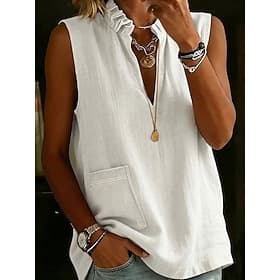 Women's Shirt Linen-feel Shirts Blouse Ruffle Solid Color Plain Fashion Casual Beach Sleeveless V Neck Regular Tops Casual White Yellow Red Green Summer