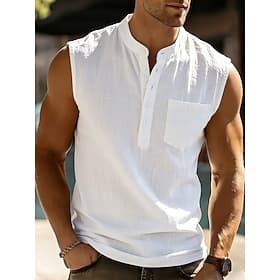 Homme Chemise Chemise en lin Chemise d'été Chemise de Plage Uni Occasionnel Quotidien Noir Blanche bleu marine Abricot Sans manches Col montant Été Printemps V