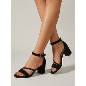 Women's Black Block Heel Sandals - Professional Strappy Sandals with Braided Detail and Ankle Strap for Daily Office Wear, Business Casual Outfits  Comfortable