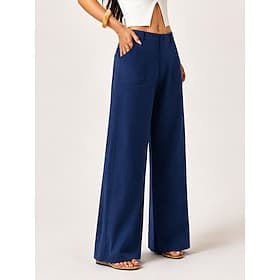 Women's Wide Leg Trousers Casual Pants Vacation Fashion Streetwear Full Length Mid Waist Plain Pocket Elastic Waist Comfort Comfortable Inelastic Daily Office